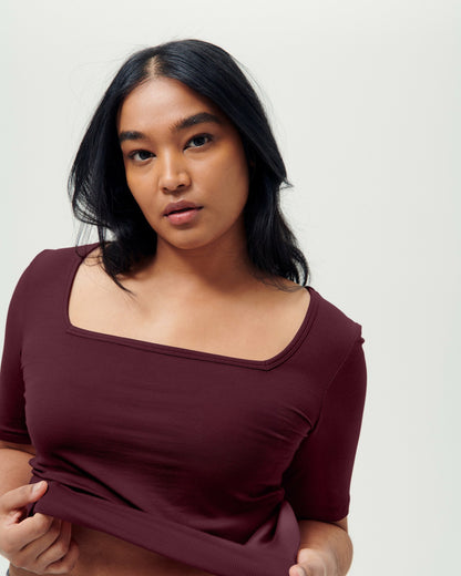 Cloud Rib Short Sleeve Square Neck Tee - Black Cherry | Universal Standard