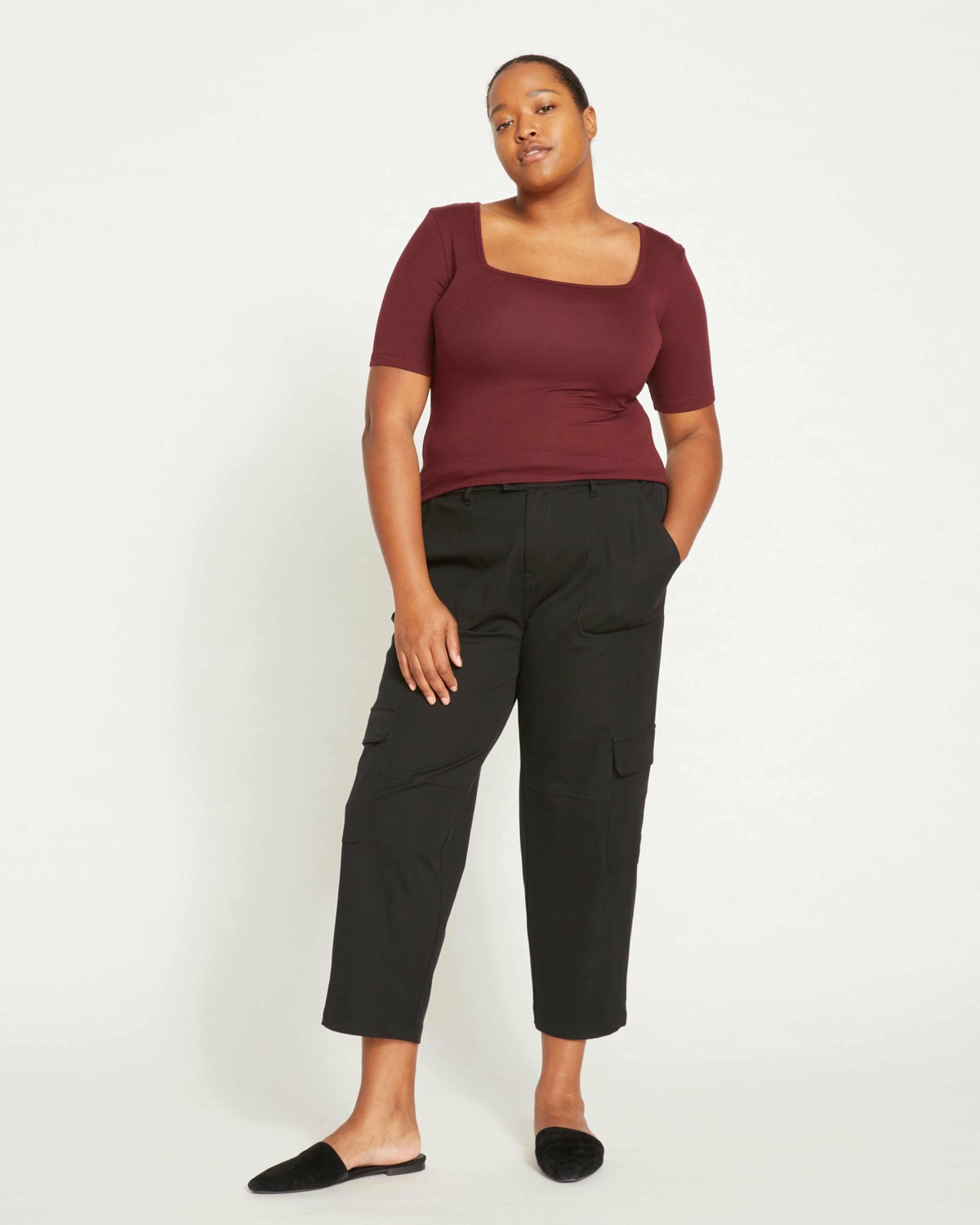 Cloud Rib Short Sleeve Square Neck Tee - Black Cherry | Universal Standard