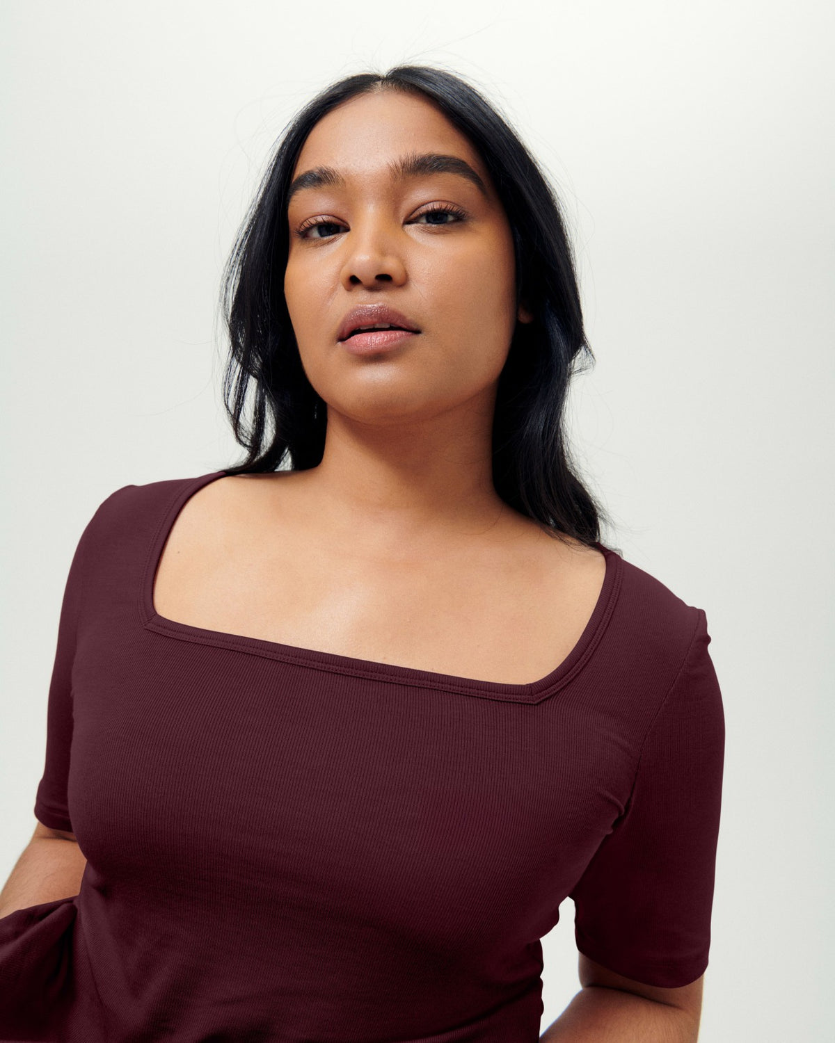 Cloud Rib Short Sleeve Square Neck Tee - Black Cherry | Universal Standard