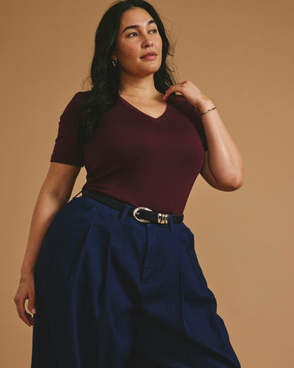 Cloud Rib Short Sleeve V-Neck Tee - Black Cherry | Universal Standard