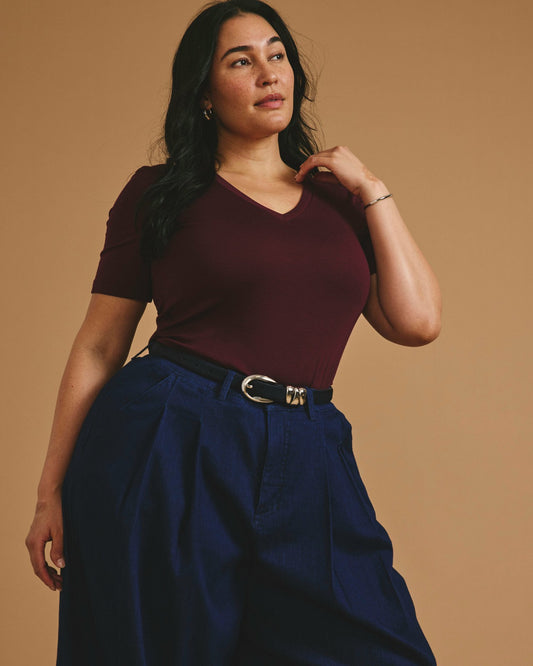 Cloud Rib Short Sleeve V-Neck Tee - Black Cherry | Universal Standard