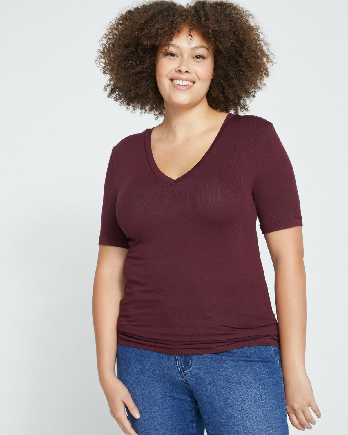 Cloud Rib Short Sleeve V-Neck Tee - Black Cherry | Universal Standard