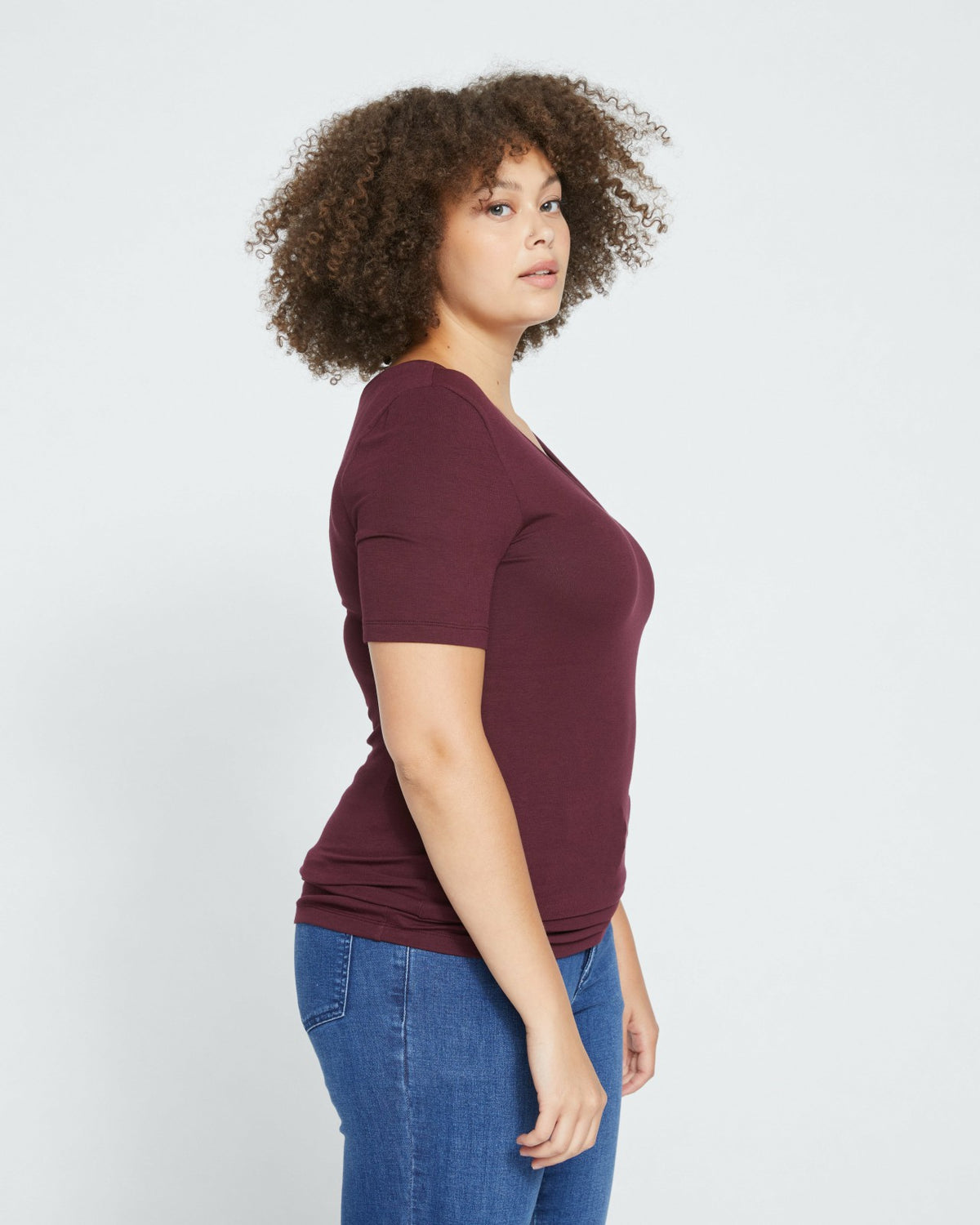 Cloud Rib Short Sleeve V-Neck Tee - Black Cherry | Universal Standard