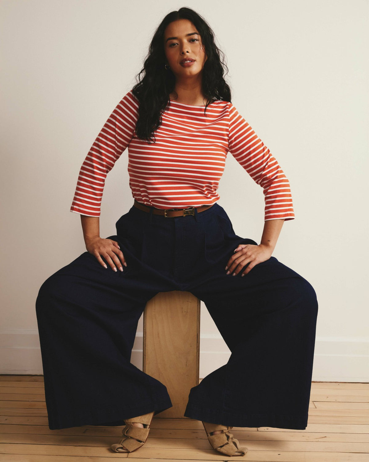 Belle Breton Stripe Jersey Tee - Coral Reef/White Stripe | Universal Standard