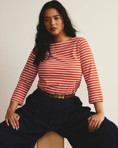 Belle Breton Stripe Jersey Tee - Coral Reef/White Stripe | Universal Standard