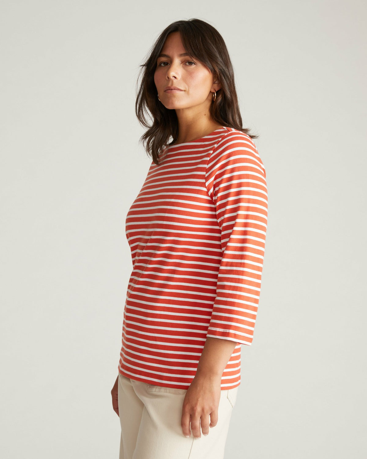 Belle Breton Stripe Jersey Tee - Coral Reef/White Stripe | Universal Standard