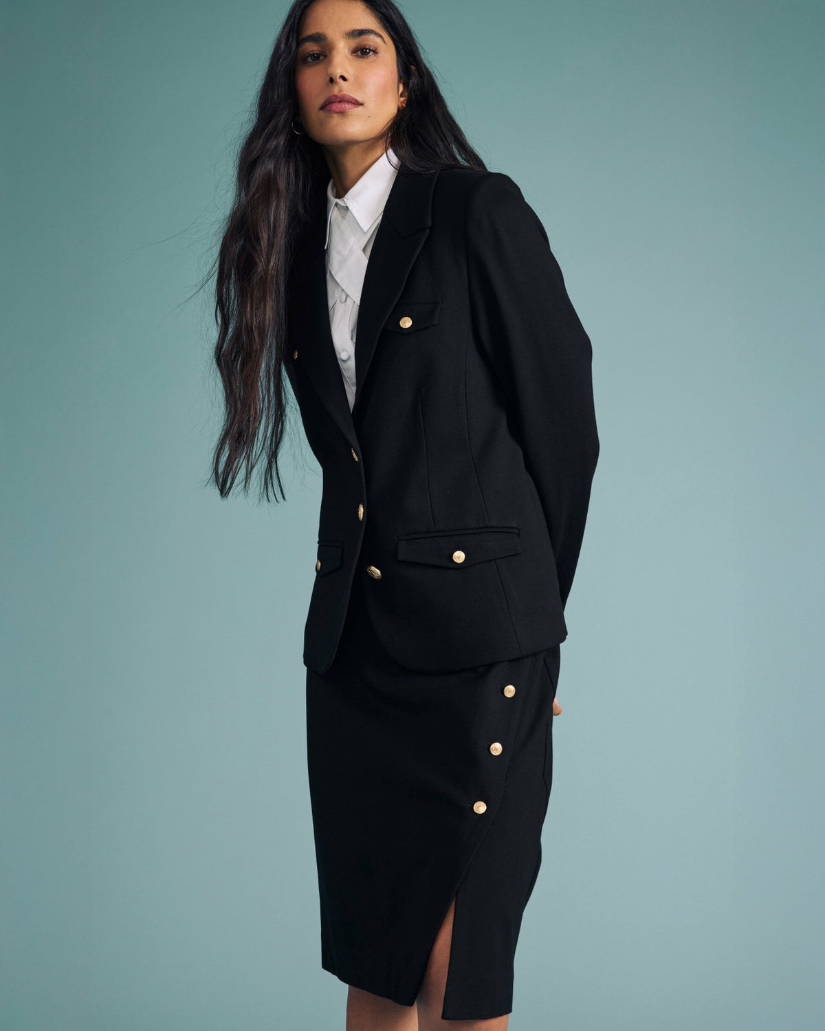 Anya Ponte Skirt - Black with Gold Buttons | Universal Standard