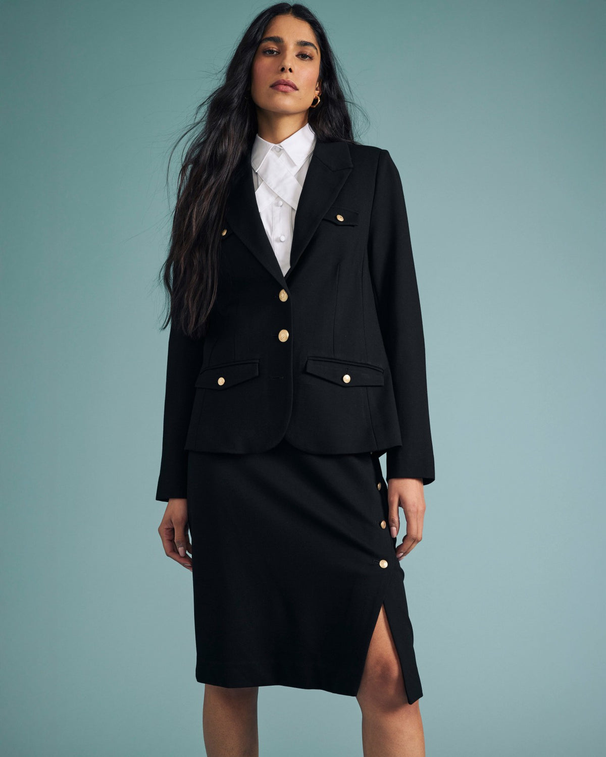 Anya Ponte Skirt - Black with Gold Buttons | Universal Standard
