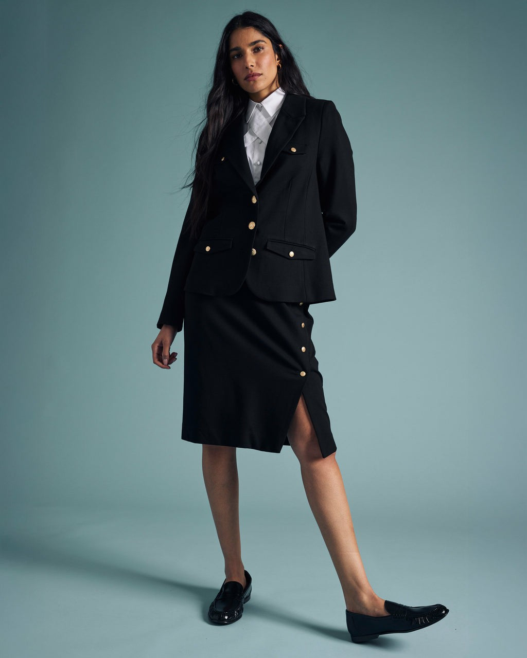 Anya Ponte Skirt - Black with Gold Buttons | Universal Standard