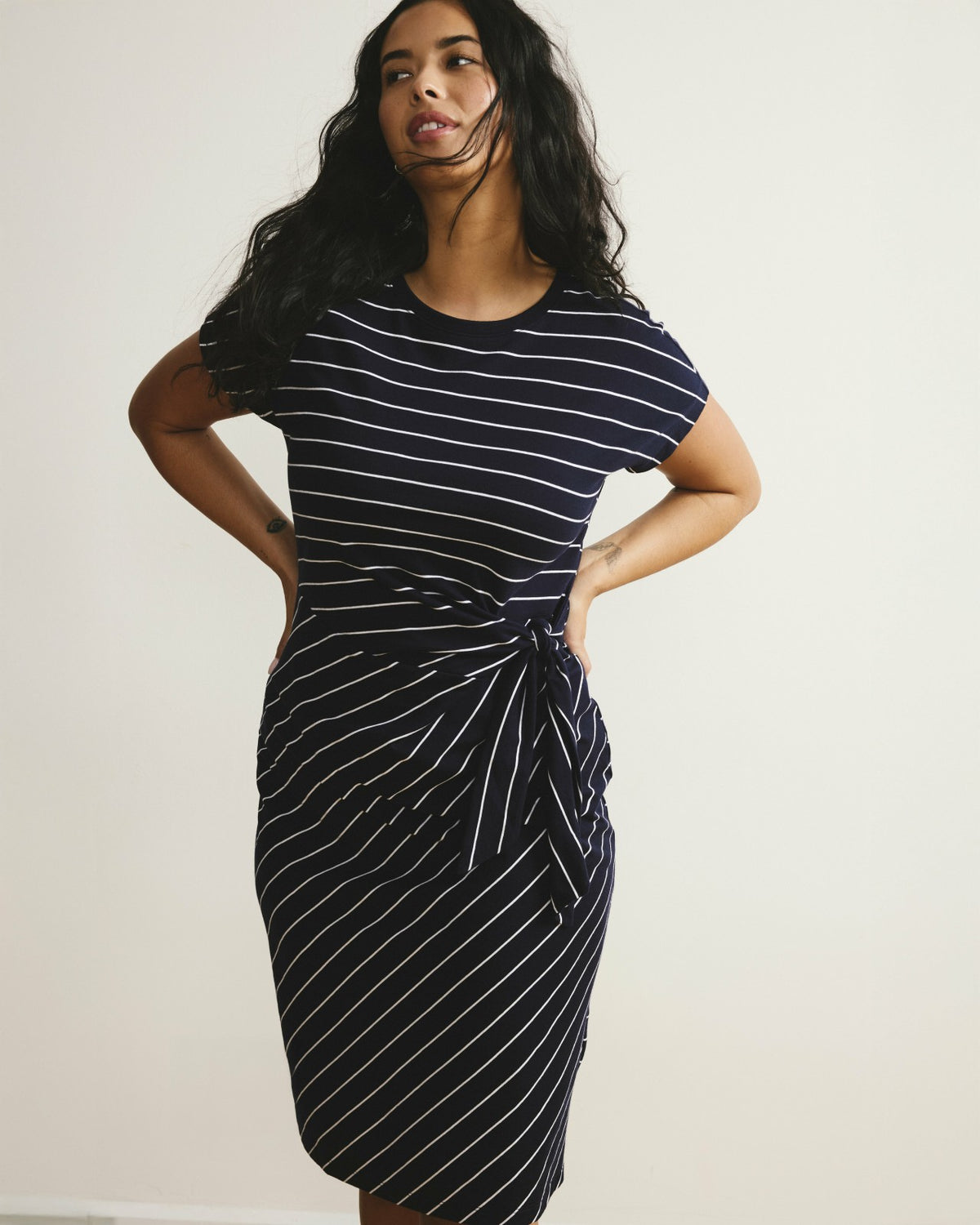 Crescent Breton Stripe Knot Dress - Navy Pinstripe | Universal Standard
