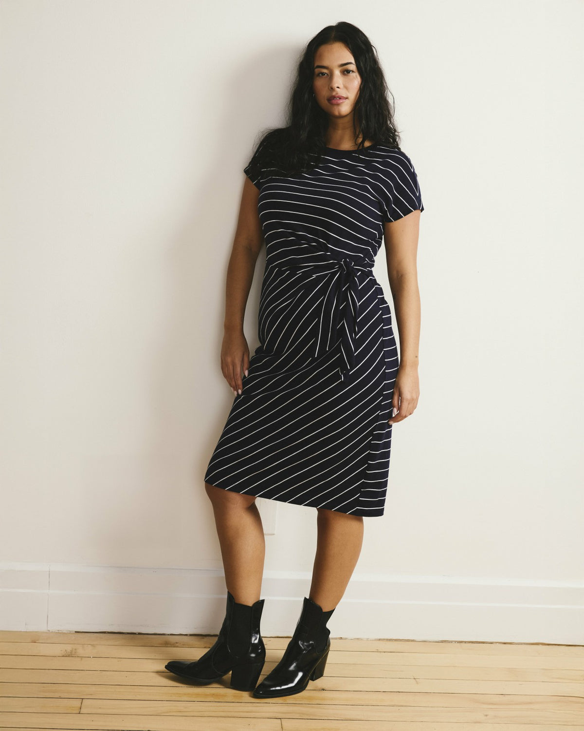 Crescent Breton Stripe Knot Dress - Navy Pinstripe | Universal Standard