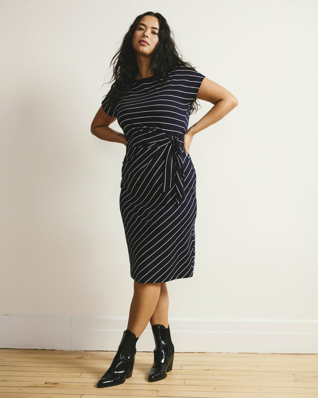 Crescent Breton Stripe Knot Dress - Navy Pinstripe | Universal Standard