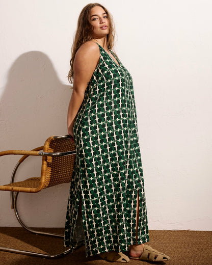 Islet Button-Down Linen Blend Maxi Dress - Green Trellis Print | Universal Standard