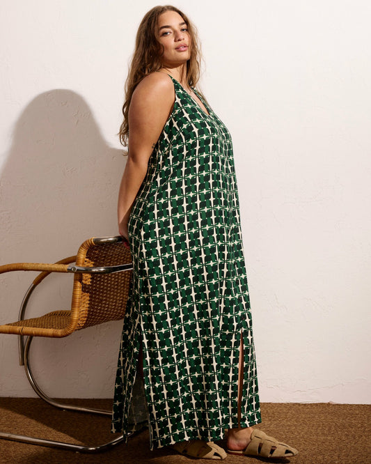 Islet Button-Down Linen Blend Maxi Dress - Green Trellis Print | Universal Standard