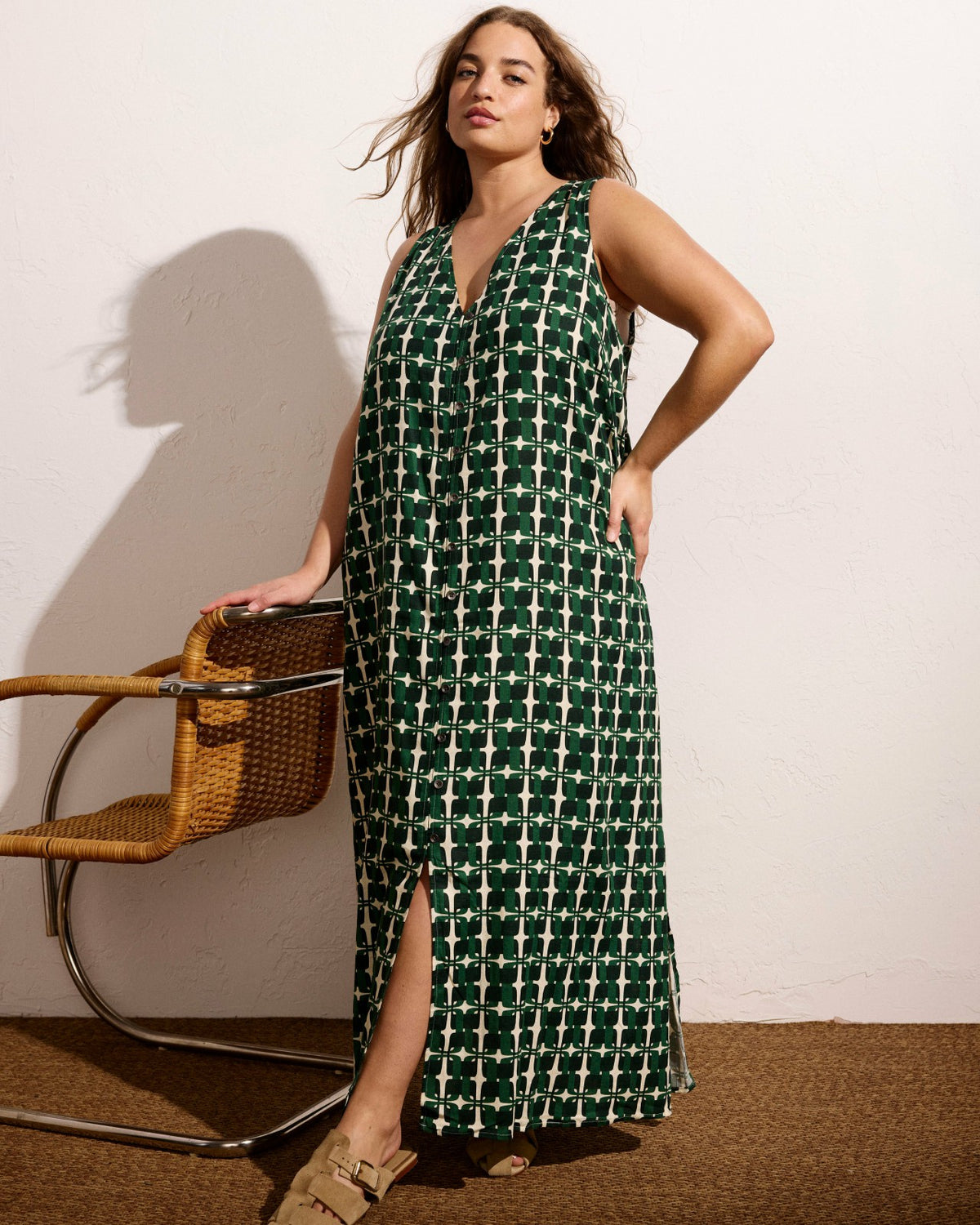 Islet Button-Down Linen Blend Maxi Dress - Green Trellis Print | Universal Standard