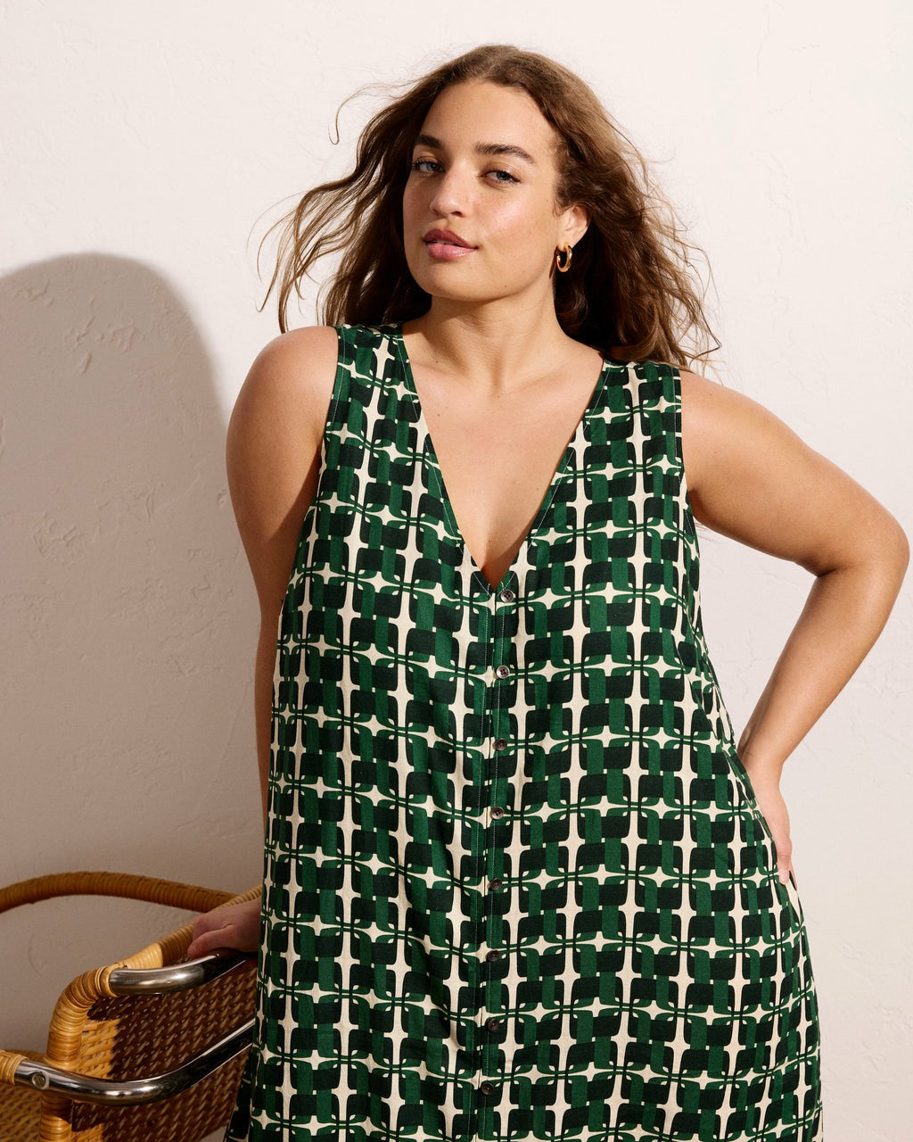 Islet Button-Down Linen Blend Maxi Dress - Green Trellis Print | Universal Standard
