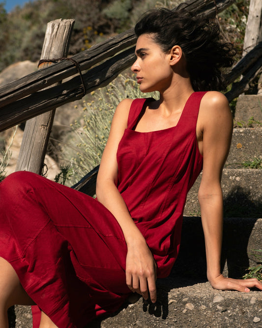 Saulay Square Neck Linen Blend Midi Dress - Vibrant Red | Universal Standard