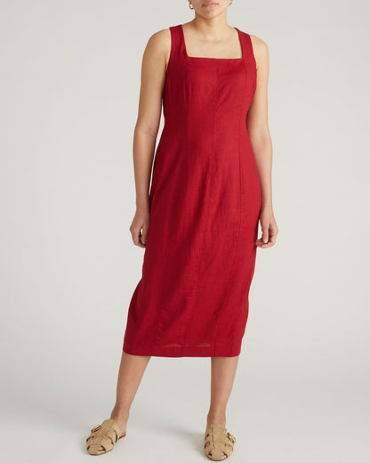 Saulay Square Neck Linen Blend Midi Dress - Vibrant Red | Universal Standard