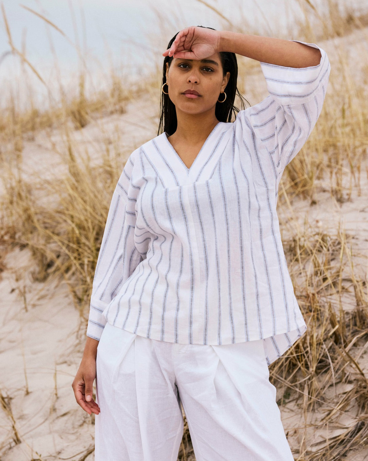 Elio V-Neck Linen Blend Top - Mayfair Stripe | Universal Standard