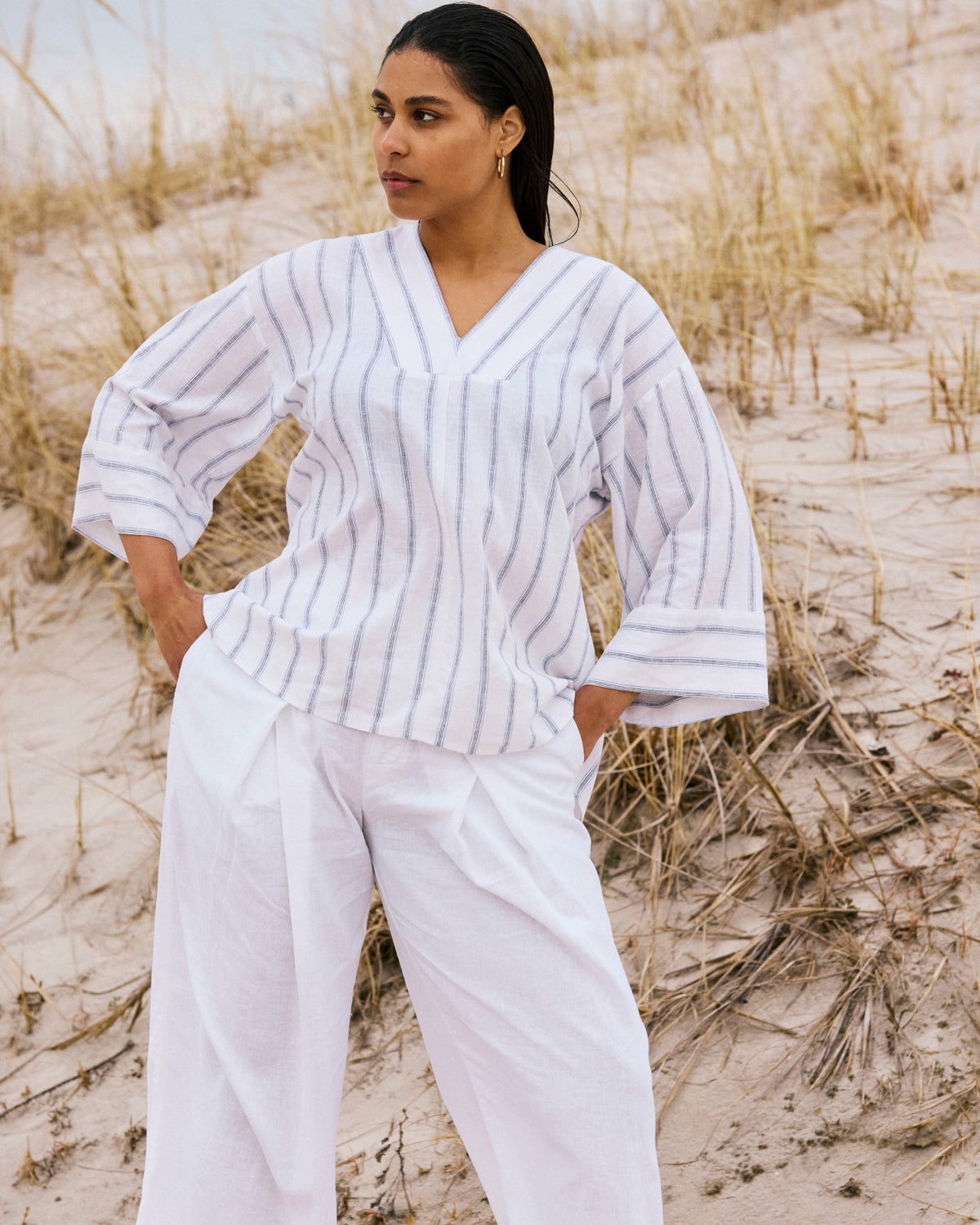 Elio V-Neck Linen Blend Top - Mayfair Stripe | Universal Standard