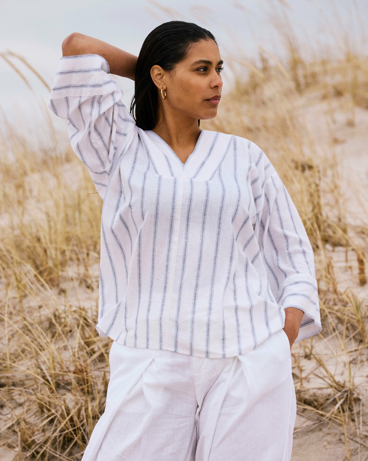Elio V-Neck Linen Blend Top - Mayfair Stripe | Universal Standard