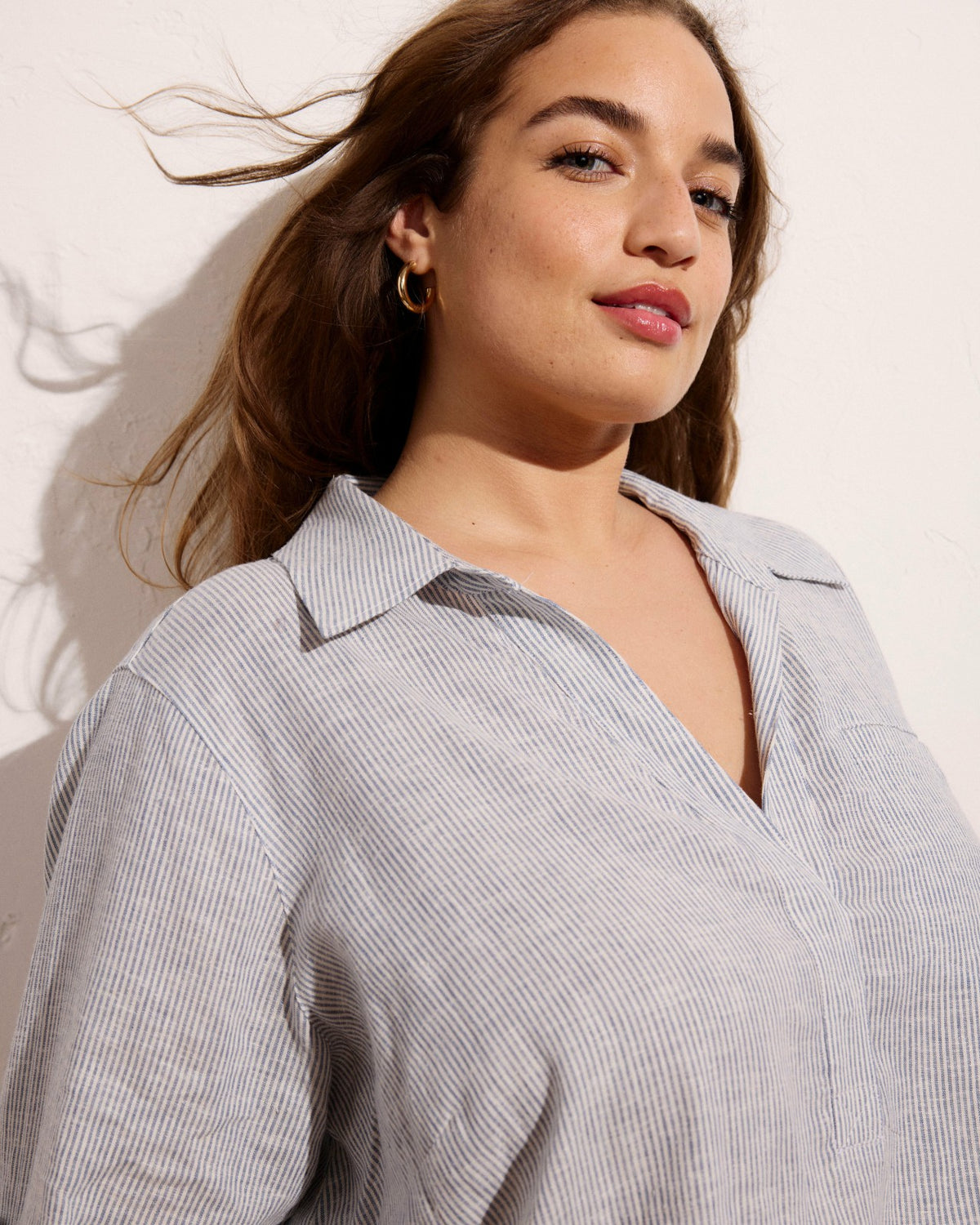 Button Back Linen Blend Polo Shirt - Beach Stripe | Universal Standard