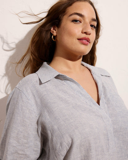 Button Back Linen Blend Polo Shirt - Beach Stripe | Universal Standard