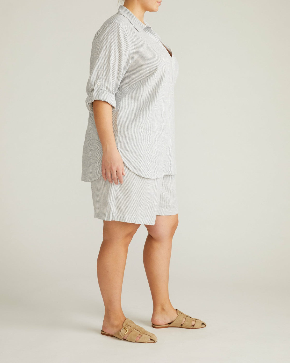 Button Back Linen Blend Polo Shirt - Beach Stripe | Universal Standard