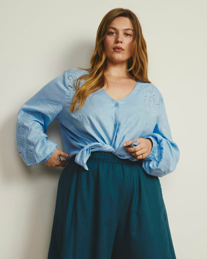 Frances Embroidered Linen Blend Blouse - Cielo Blue | Universal Standard