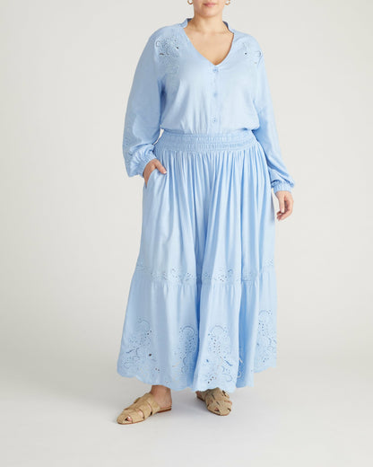 Frances Embroidered Linen Blend Blouse - Cielo Blue | Universal Standard