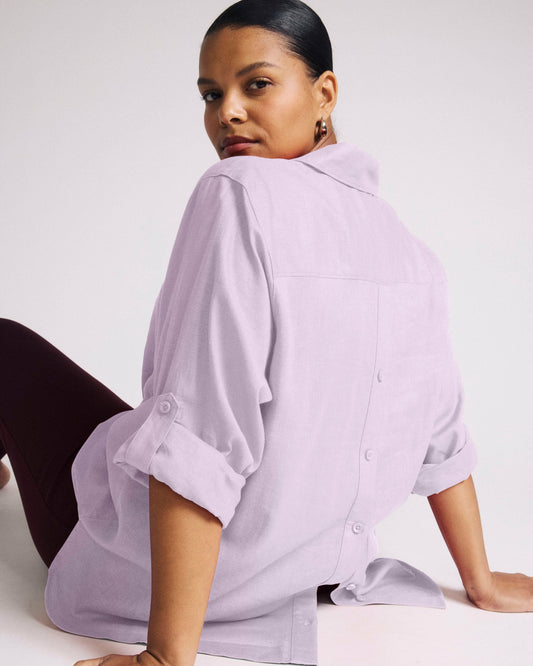 Button Back Linen Blend Polo Shirt - Orchid | Universal Standard