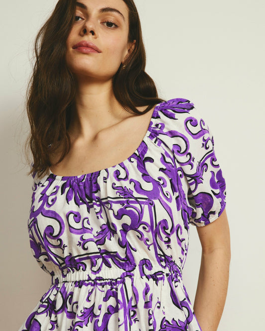 Andrea Peplum Linen Blend Top - Purple Majolica Print | Universal Standard