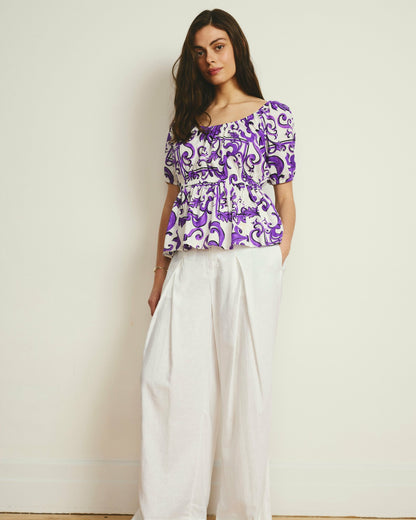 Andrea Peplum Linen Blend Top - Purple Majolica Print | Universal Standard