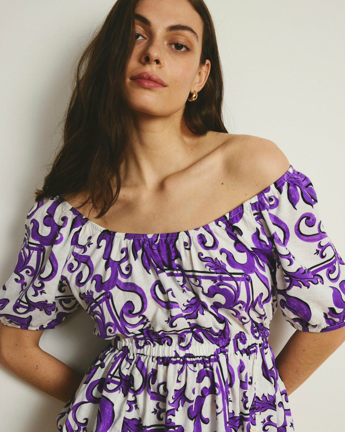 Andrea Peplum Linen Blend Top - Purple Majolica Print | Universal Standard