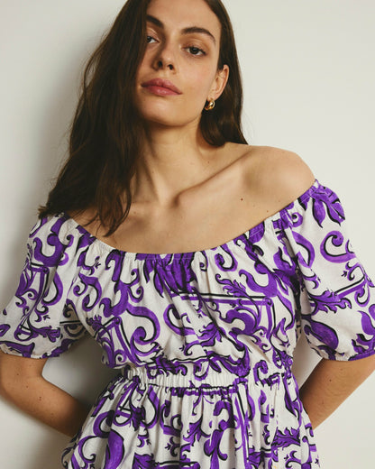Andrea Peplum Linen Blend Top - Purple Majolica Print | Universal Standard