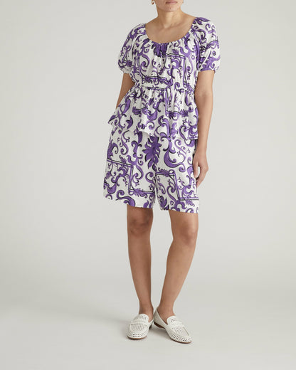 Andrea Peplum Linen Blend Top - Purple Majolica Print | Universal Standard