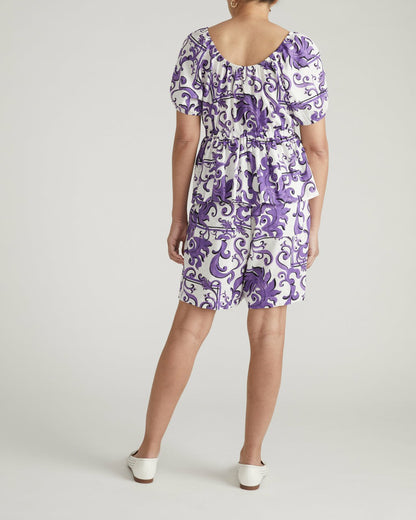 Andrea Peplum Linen Blend Top - Purple Majolica Print | Universal Standard