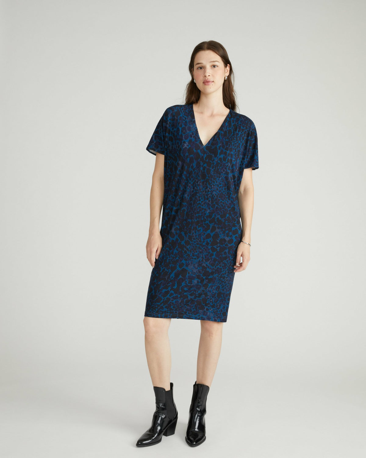 Teresa Liquid Jersey V-Neck Dress - Deep Teal Animal Print | Universal Standard