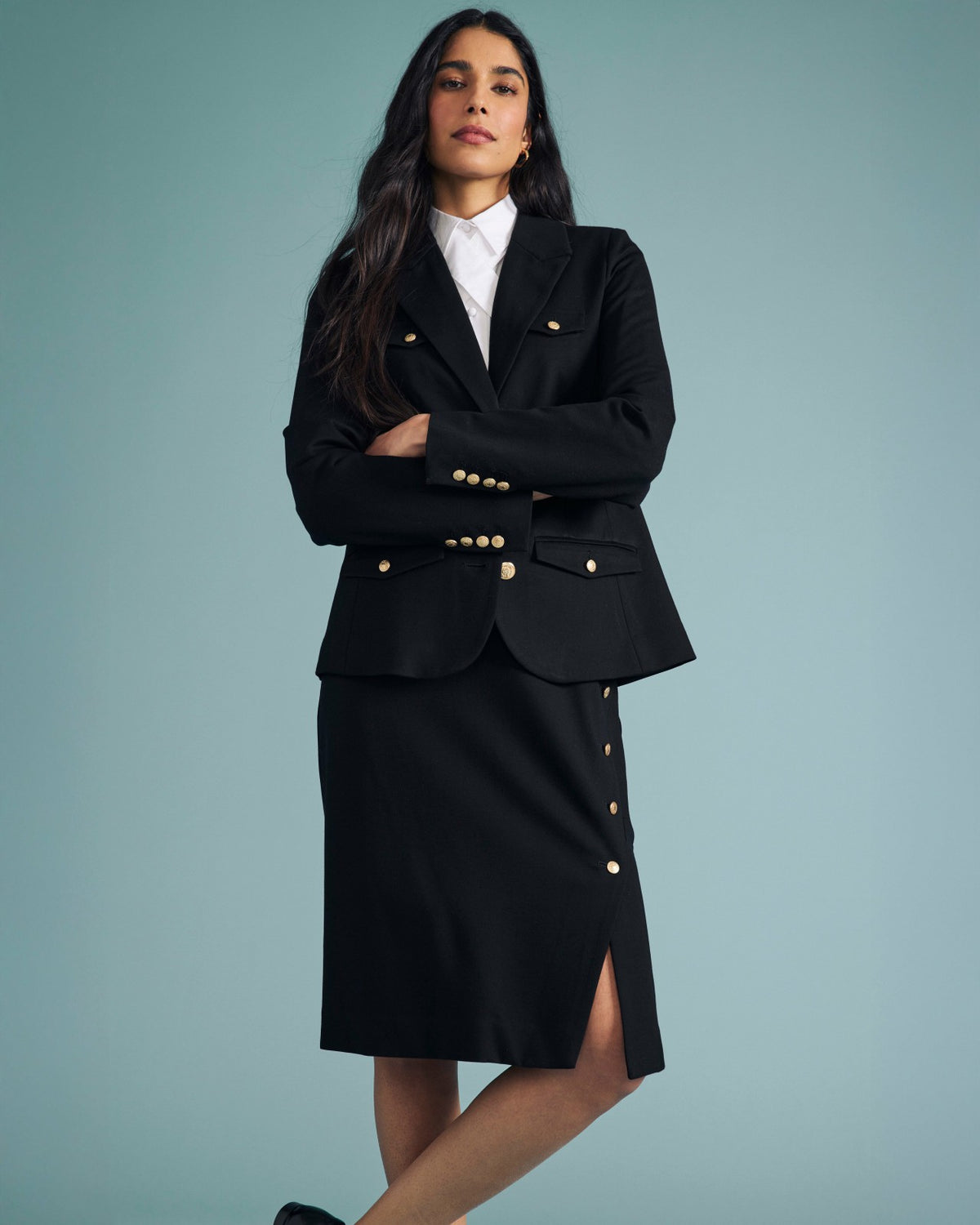 4 Pocket Ponte Blazer - Black with Gold Buttons | Universal Standard