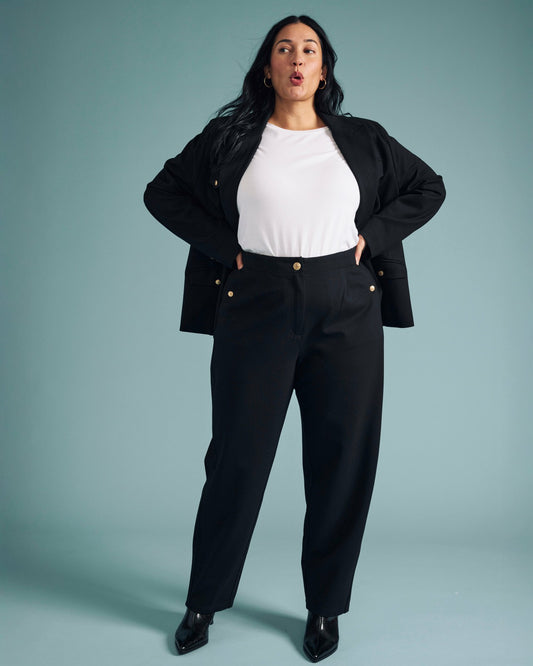 Audrey Tailored Ponte Pants - Black with Gold Buttons | Universal Standard