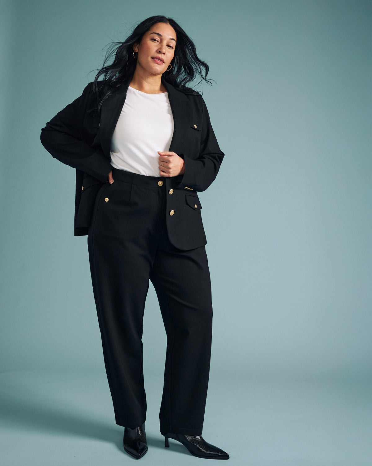 Audrey Tailored Ponte Pants - Black with Gold Buttons | Universal Standard