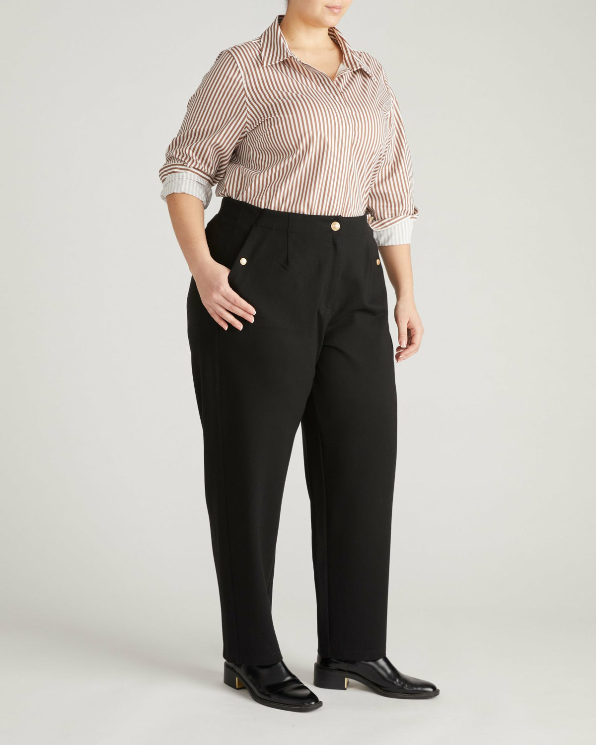 Audrey Tailored Ponte Pants - Black with Gold Buttons | Universal Standard