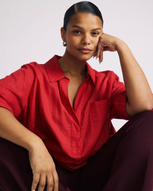 Button Back Linen Blend Polo Shirt - Brilliant Red | Universal Standard