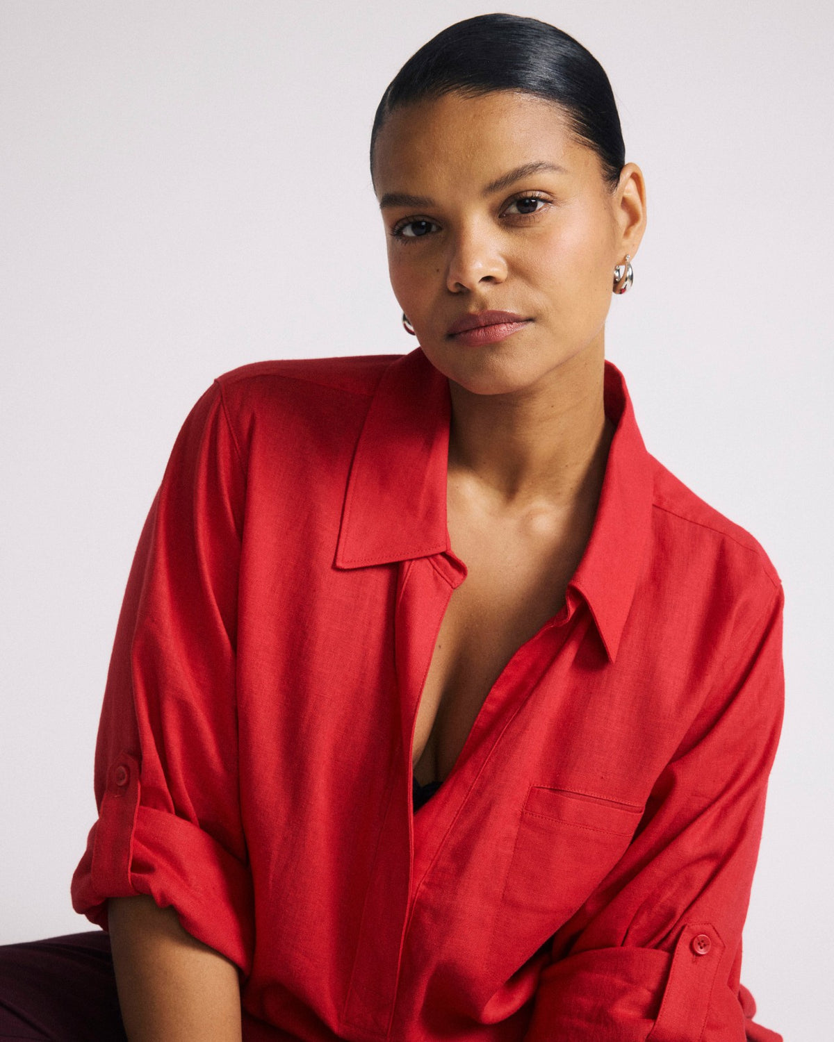 Button Back Linen Blend Polo Shirt - Brilliant Red | Universal Standard