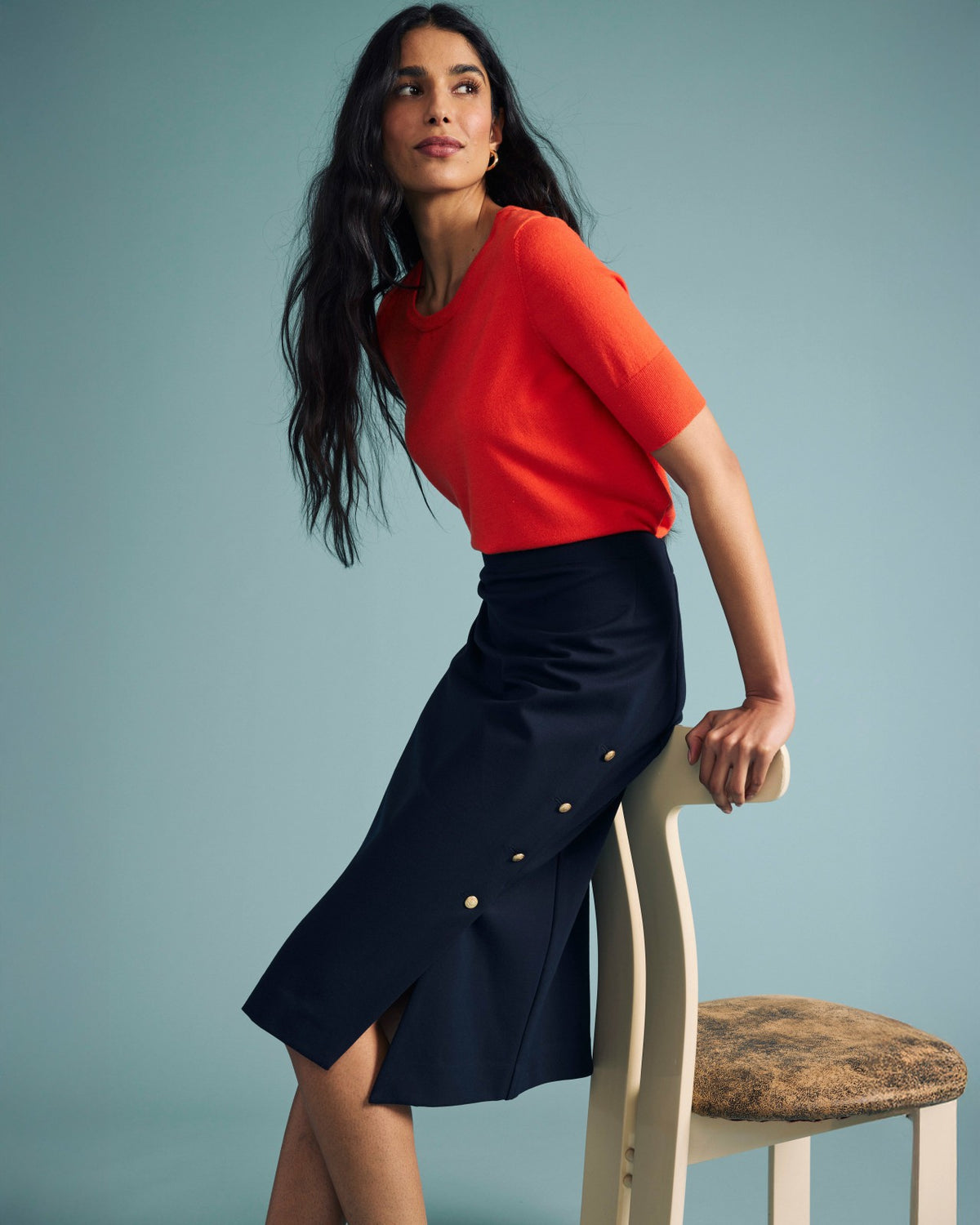 Anya Ponte Skirt - Navy with Gold Buttons | Universal Standard
