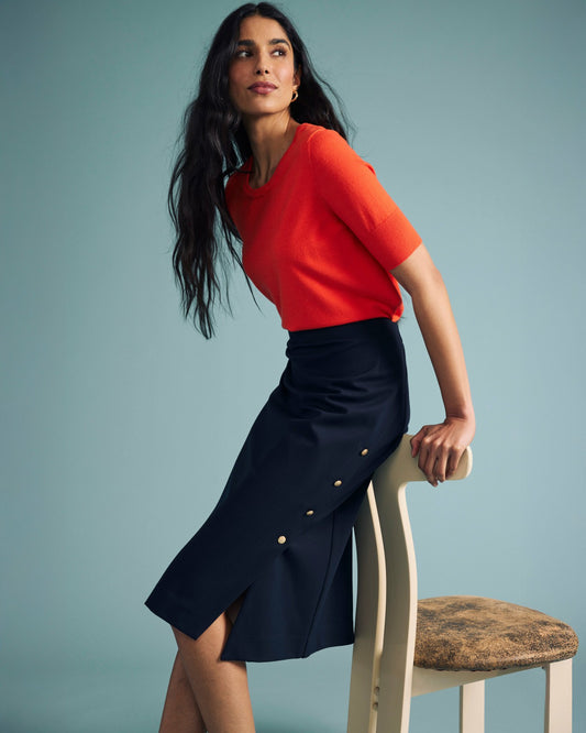 Anya Ponte Skirt - Navy with Gold Buttons | Universal Standard