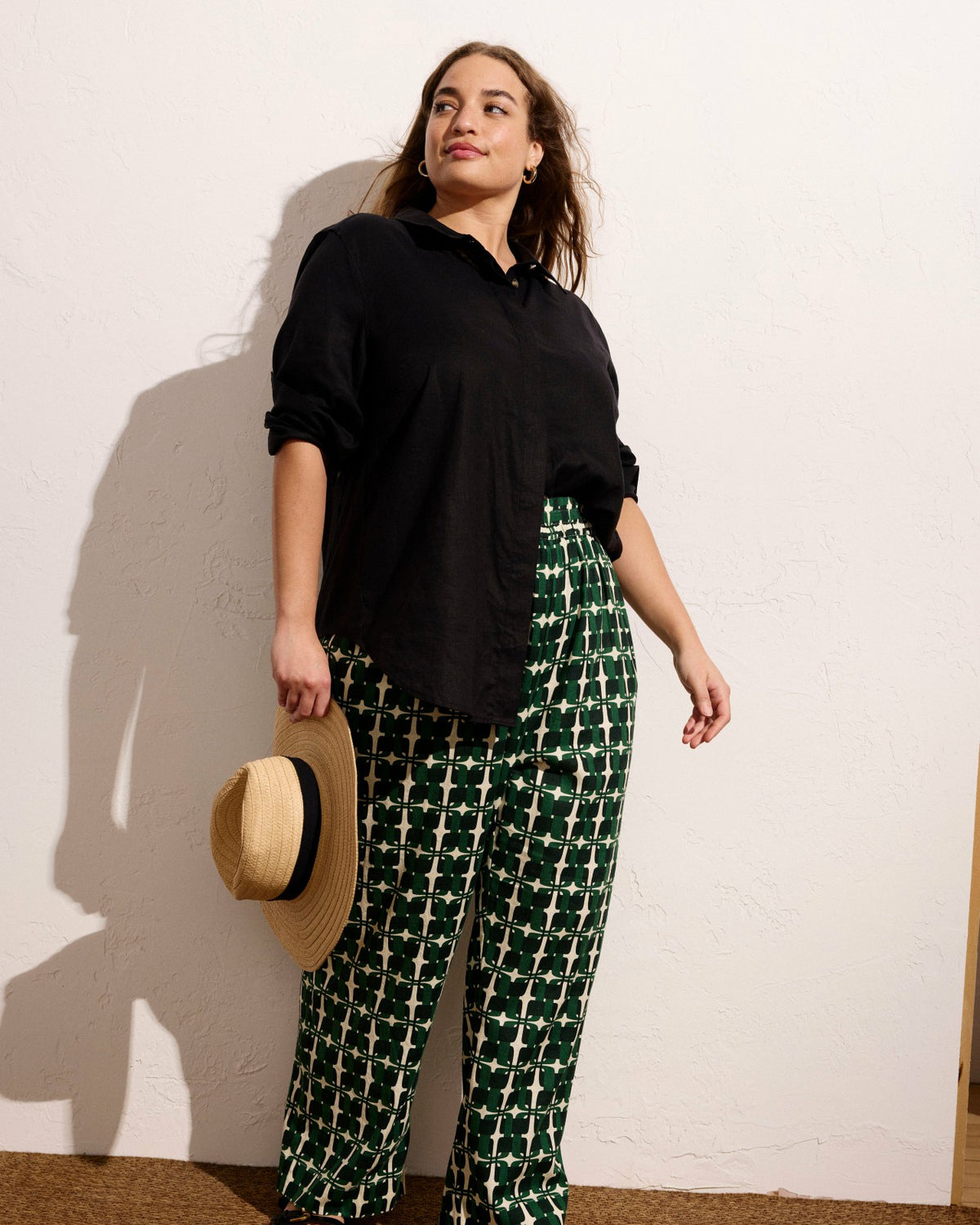 Iris Linen Blend Easy Pull-On Pants - Green Trellis Print | Universal Standard