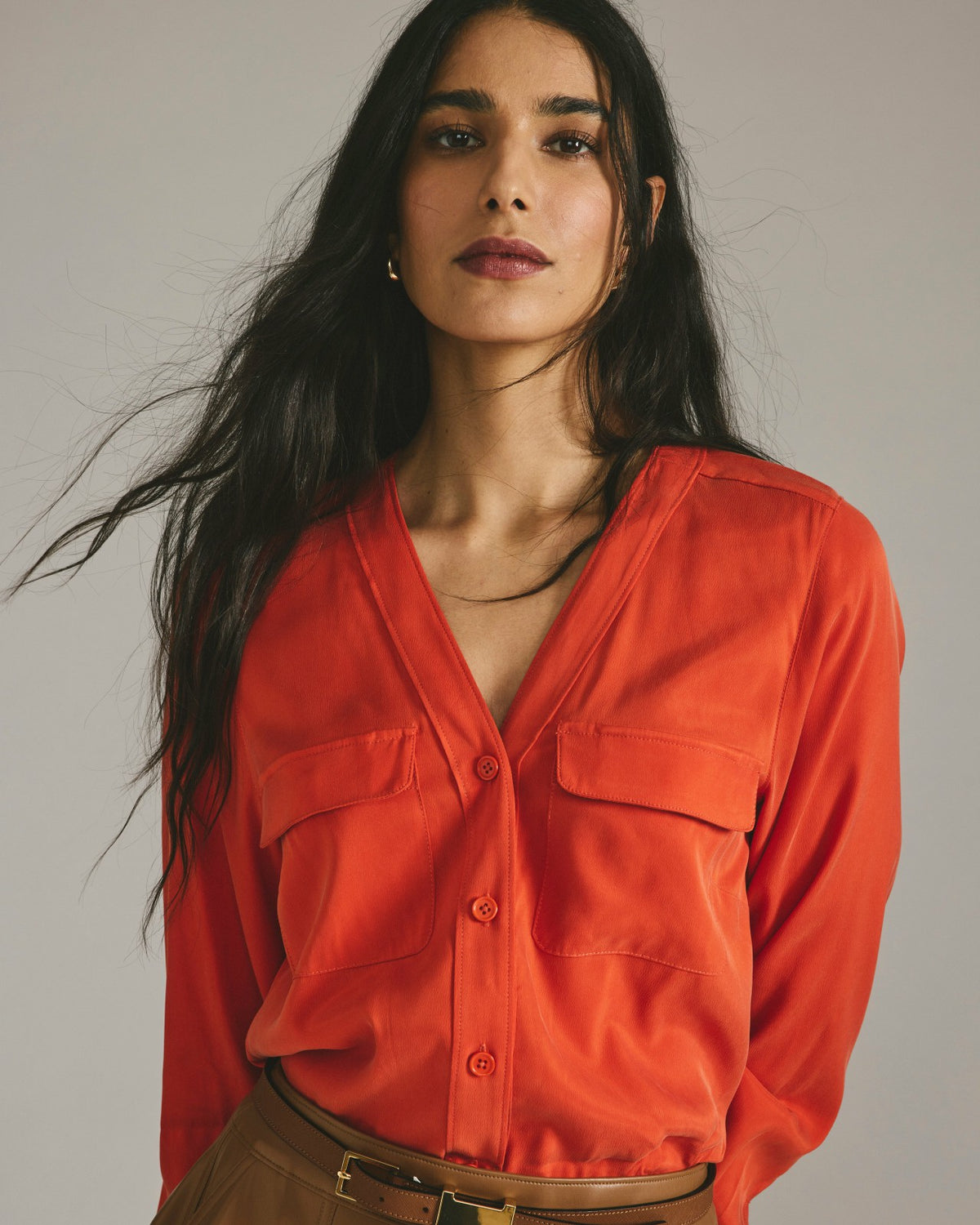 Cooling Stretch Cupro Button-Down Blouse - Orange Flame | Universal Standard
