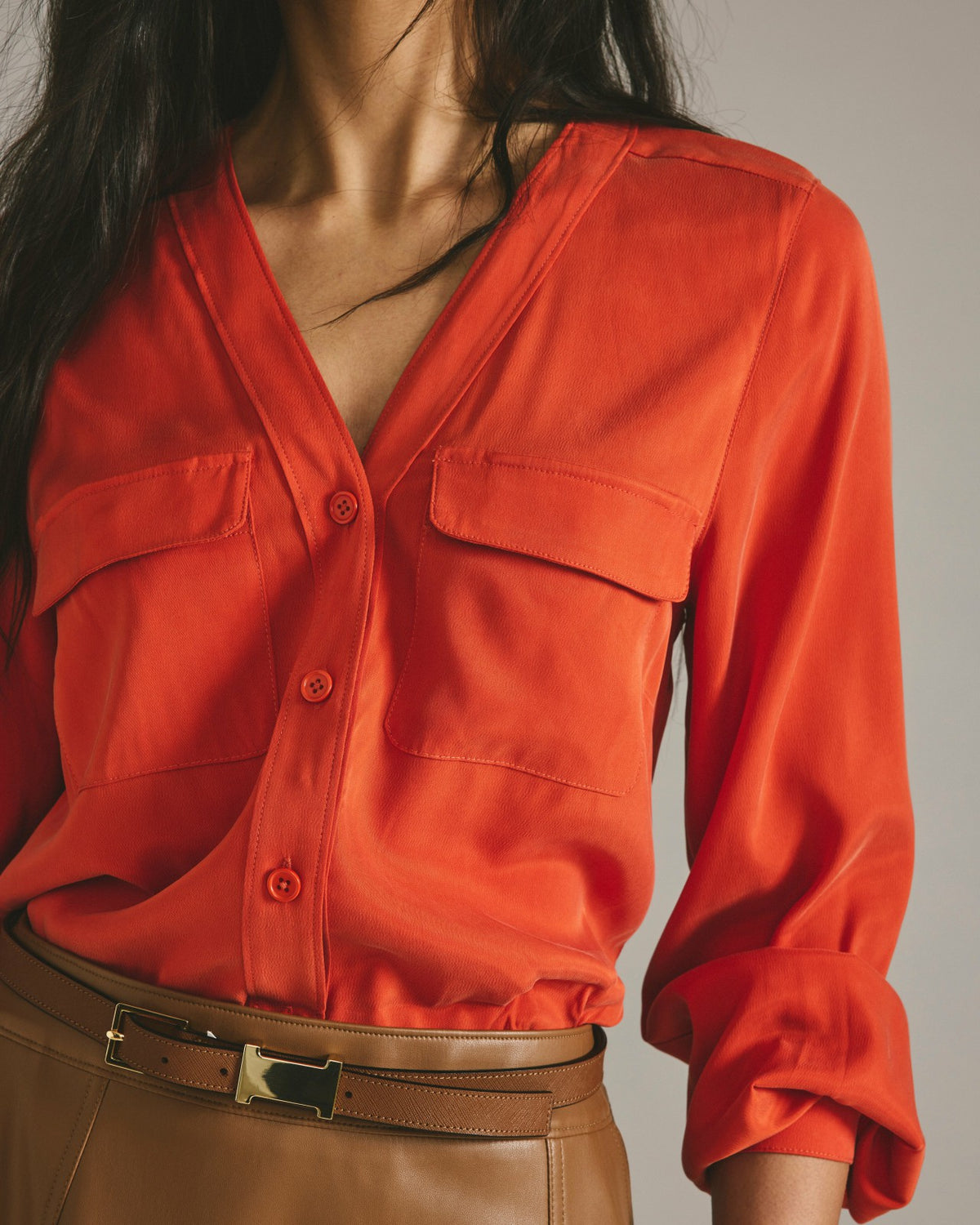 Cooling Stretch Cupro Button-Down Blouse - Orange Flame | Universal Standard
