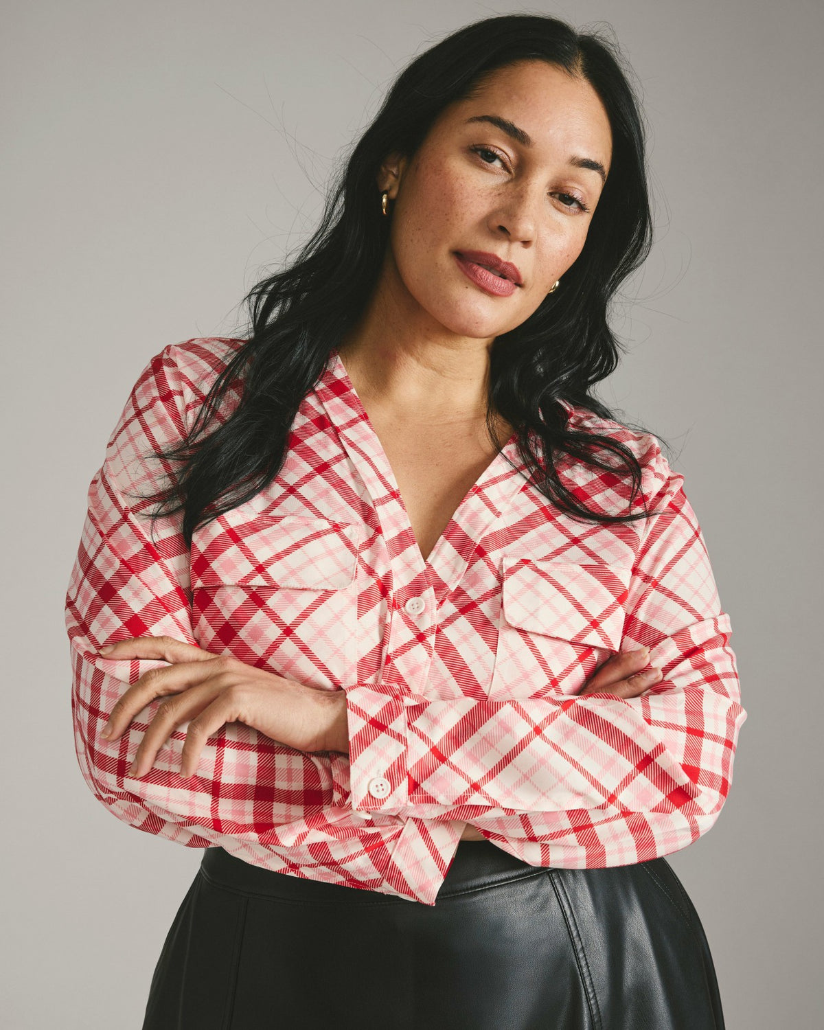 Cooling Stretch Cupro Button-Down Blouse - Red Plaid Print | Universal Standard